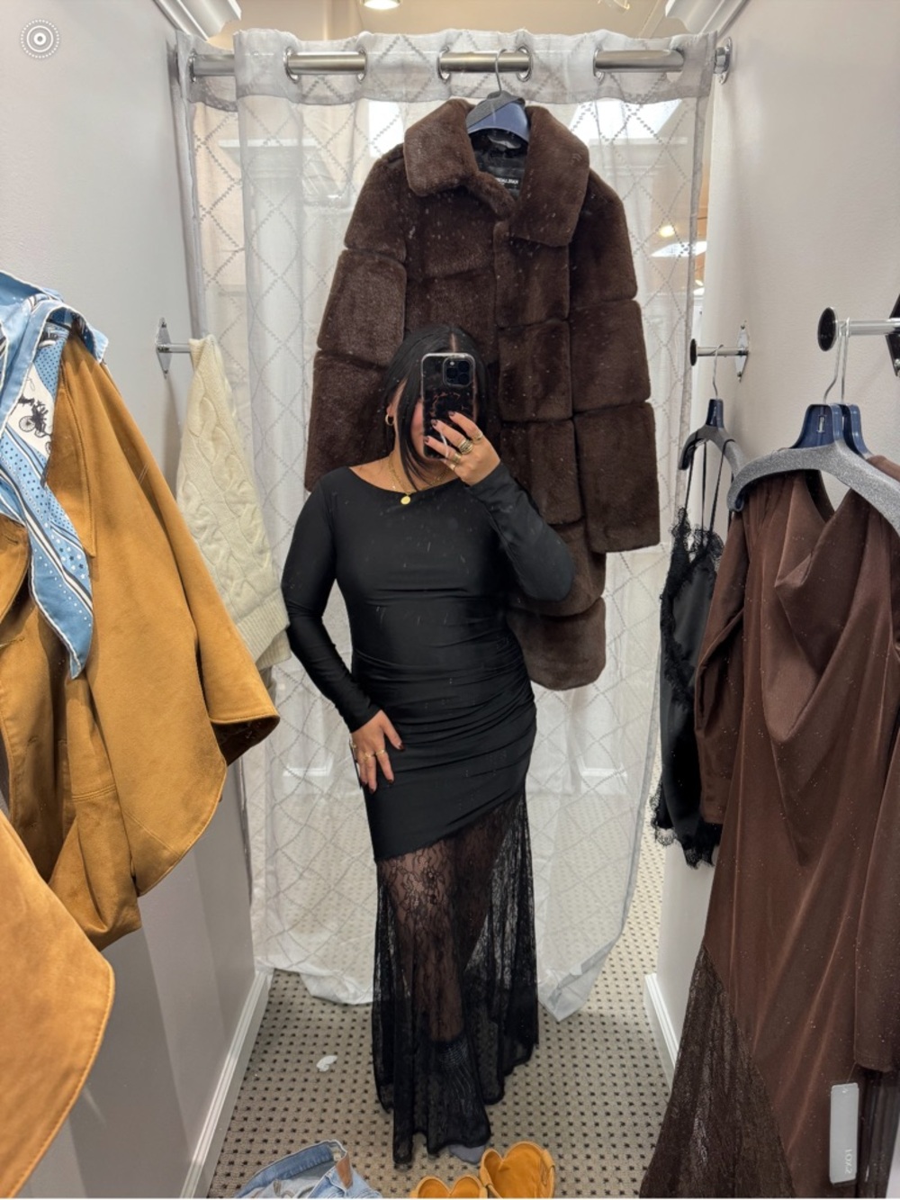 Black Long Sleeve Lace Panel Evening Gown